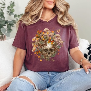 Bloom Skull Shirt, Mushroom Shirt, Halloween Shirt, Mushroom And Skull, Floral Skull Shirt, Womens Fall Shirts, Flower Skull Skeleton Shirt