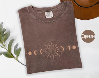 Comfort Colors® Celestial Boho Moon Phase Tee, Moon And Sun Shirt, Lunar Cycle, Astronomy Shirt
