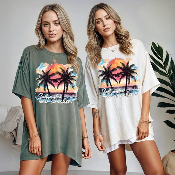 Comfort Colors® Salt Water and Sunshine T-shirt,Salty Mom,Trendy Summer Shirts,Beach Tee,Retro Beach Girl Shirt,Palm Tree Shirt,Sunset Shirt