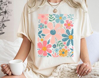 Boho Wildflowers, Flowers Shirt, Womens Graphic Tee, Floral Shirt, Nature Lover Gift, Garment Dyed, Cottagecore Shirt, Boho Summer Shirt