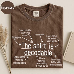 May include: An espresso brown t-shirt featuring white text that reads The shirt is decodable, surrounded by linguistic annotations including Closed Syllable, Digraphs, r-controlled, s says /z/, Latin-based Prefix de-, Silent-e, and Latin-based Suffix -able.