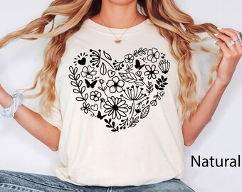 Flower Heart T-Shirt, Flower Shirt, Wildflowers T-Shirts, Botanic Shirt, Plant Lady Shirt, Floral Shirt, Plant Mama Shirt, Botanical Shirt