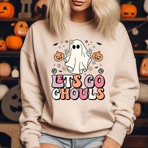 Retro Fall Ghost Sweatshirt, Halloween Graphic Tees for Women, Vintage Halloween Crewneck Shirt, Kids Halloween , Cute Let&#39;s Go Ghouls Shirt