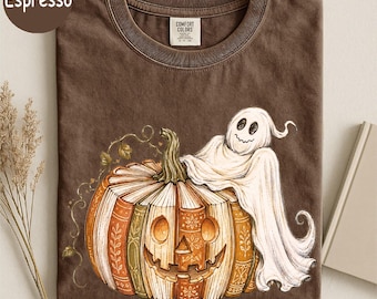 Comfort Colors® Book Pumpkin Ghost Shirt, Fall Reading Shirt, Spooky Book Lover Tee, Boho Halloween Shirt, Fall Shirt, Bookish Ghost Tee