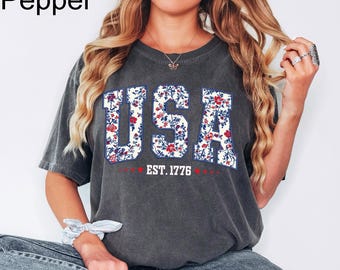 Comfort Colors® Floral USA Shirt, American Girl Shirt, USA Est 1776 Shirt, Girly 4th of July Shirt, Patriotic Women Shirt, Flower USA Shirt