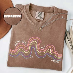 May include: A brown short-sleeved t-shirt with a crew neckline featuring a graphic of multi-colored wavy lines and the white text "HEALING IS NOT LINEAR". The shirt has a Comfort Colors brand label inside the collar indicating size small.