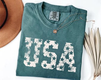Comfort Colors® Floral USA Shirt, American Girl Shirt, USA Est 1776 Shirt, Girly 4th of July Shirt, Patriotic Women Shirt, Flower USA Shirt