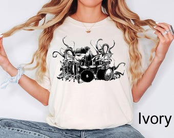 Comfort Colors® Octopus Playing Drums Shirt, Octopus Men's Shirt, Octopus Gift,Drummer Gift, Octopus Shirt, Drum Player Shirt, Drummer Shirt