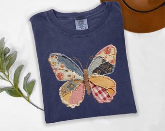 Comfort Colors® Faux Patchwork Butterfly Shirt, Spring Butterfly Shirts, Easter Shirts for Women, Floral Spring Patchwork, Gifts for Her