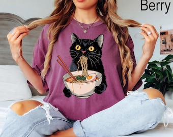 Comfort Colors® Noodle Cat Shirt, Ramen Cat Shirt, Foodie Lover Shirts, Black Cat Noodle T-Shirt, Retro Cat Tees, Cat Lover Sweatshirts
