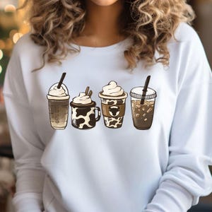Cow Coffee Mug Sweatshirt, Coffee Cup Shirt, But First Coffee, Coffee Latte Lover Gift, Iced Coffee Shirt, Womens Crewneck, Cute Coffee Tee