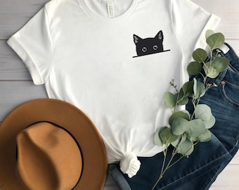 Black Cat Shirt, Cat Shirt, Cute Kitty Tee, Kitten T-shirt, Gift for Cats Lover, Cat Mom Shirts, Cat Shirt Women, Cat Shirt,Cat Pocket Shirt