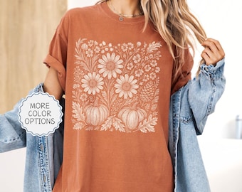 Comfort Colors® Boho Fall Floral Shirt, Retro Fall T-shirt, Autumn Vibes Shirt, Pumpkin Season Graphic Shirt, Vintage Fall Pumpkin T-shirt