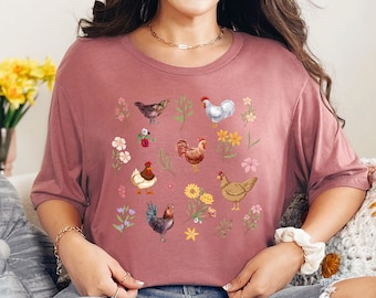Wildflower Chicken Shirt, Ladies Chicken Tshirt, Chicken T shirt, Chicken Lover, Chicken mom Tee, Cottagecore Farm Girl T-shirt, Farmer Gift