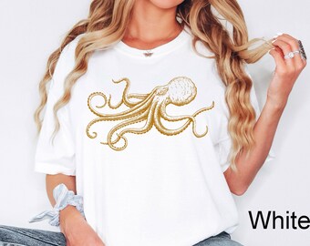 Octopus Japanese Calligraphy Shirt, Gyotaku Traditional Art Japan Anime Manga Gold Print Yoga Martial Arts Samurai Mens Womens Printed Tee