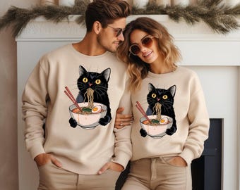 Noodle Cat Sweatshirt, Ramen Cat T-Shirt, Foodie Lover Shirts, Black Cat Noodle T-Shirts, Retro Cat Tees, Cat Lover Shirts, Black Cat Tshirt