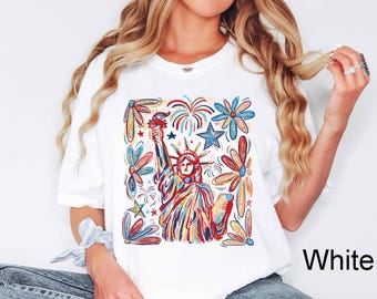 Retro 4th July Statue of Liberty Shirt, America USA Tees, America 4th July, 4th Of July, USA Flag, American Girl Shirt, America Flag Flower