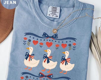 Comfort Colors® Vintage Goose With Blue Ribbon Tee, Funny 80s Farm Animal Shirt, Retro Coquette Shirt, Patriotic Summer Tee, 4th Of July Tee