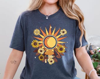 Bohemian Retro Sun Moon Shirt, Boho Floral Sweatshirt, Hippie Shirt, Botanical Floral Celestial Shirt, Mushroom And Moon Sweatshirt