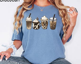 Comfort Colors® Cow Coffee Mug Shirt, Coffee Cup Shirt, But First Coffee, Coffee Latte Lover Gift, Iced Coffee Shirt, Cute Coffee T-Shirt