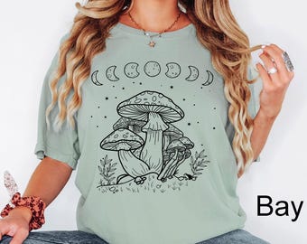 Comfort Colors® Mushroom Shirt, Moon Phases And Mushrooms Shirt, Magical Celestial Fungi Shirt, Goblincore Aesthetic, Cottagecore Mushroom