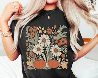 Boho Fall Floral Shirt, Retro Fall Tshirt, Autumn Vibes Shirt, Pumpkin Season Graphic Tee, Vintage Fall Pumpkin Aesthetic Vintage Fall Shirt