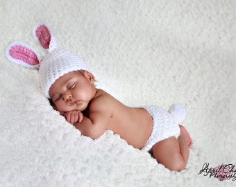 Crochet Lil Bunny hat and diaper pattern set 3-6 month size for photo prop or gift