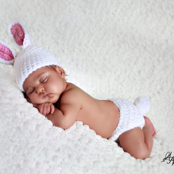 Crochet Lil Bunny hat and diaper pattern set 3-6 month size for photo prop or gift