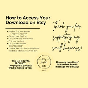 How to Access Your Download on Etsy
This is a DIGITAL PRODUCT. 
No physical product will be mailed to you.
Log into Etsy on a browser 
App does not work
Click on your “You” tab
Click “Purchases and Reviews”
Find your purchase
Click “Download Files”
Click “Download”
You can then print as many copies as needed as often as you would like!
Thank you for 
supporting my 
small business!
Have any questions?
Please feel free to message me on Etsy! 
PDA and ODD Parent and Therapy Resources Tips Bundle