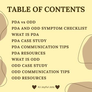 Table of contents PDA vs ODD PDA AND ODD SYMPTOM CHECKLIST WHAT IS PDA ODD PDA CASE STUDY PDA ODD COMMUNICATION TIPS PDA ODD RESOURCES digital download educational printable autism profile oppositional behavior disorder handouts therapy materials child behavior guides school psychology tools clinical student anger management family education packets developmental disorder occupational therapy resources special needs classroom behavior parent coaching adolescent regulation professional training