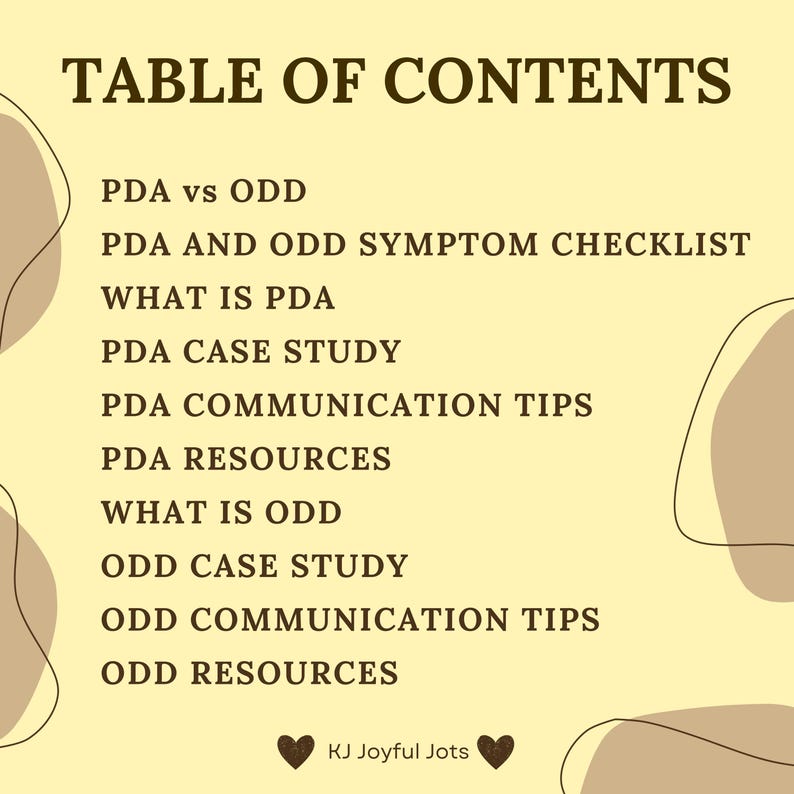 Table of contents PDA vs ODD PDA AND ODD SYMPTOM CHECKLIST WHAT IS PDA ODD PDA CASE STUDY PDA ODD COMMUNICATION TIPS PDA ODD RESOURCES digital download educational printable autism profile oppositional behavior disorder handouts therapy materials child behavior guides school psychology tools clinical student anger management family education packets developmental disorder occupational therapy resources special needs classroom behavior parent coaching adolescent regulation professional training