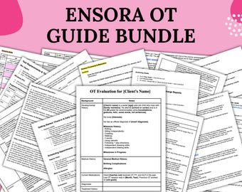 Könnte beinhalten: Ein Bündel von Arbeitsblättern für Ergotherapie (OT). Die Dokumente umfassen Vorlagen, Verknüpfungen und tägliche Notizen. Der Titel "ENSORA OT GUIDE BUNDLE" wird in großen, fetten Buchstaben angezeigt. Das Bild enthält auch den Text "26 PAGES OF TIPS/TRICKS, OT EVAL TEMPLATE, TEXT SHORTCUTS, DAILY NOTES TEMPLATE, AND MORE!"