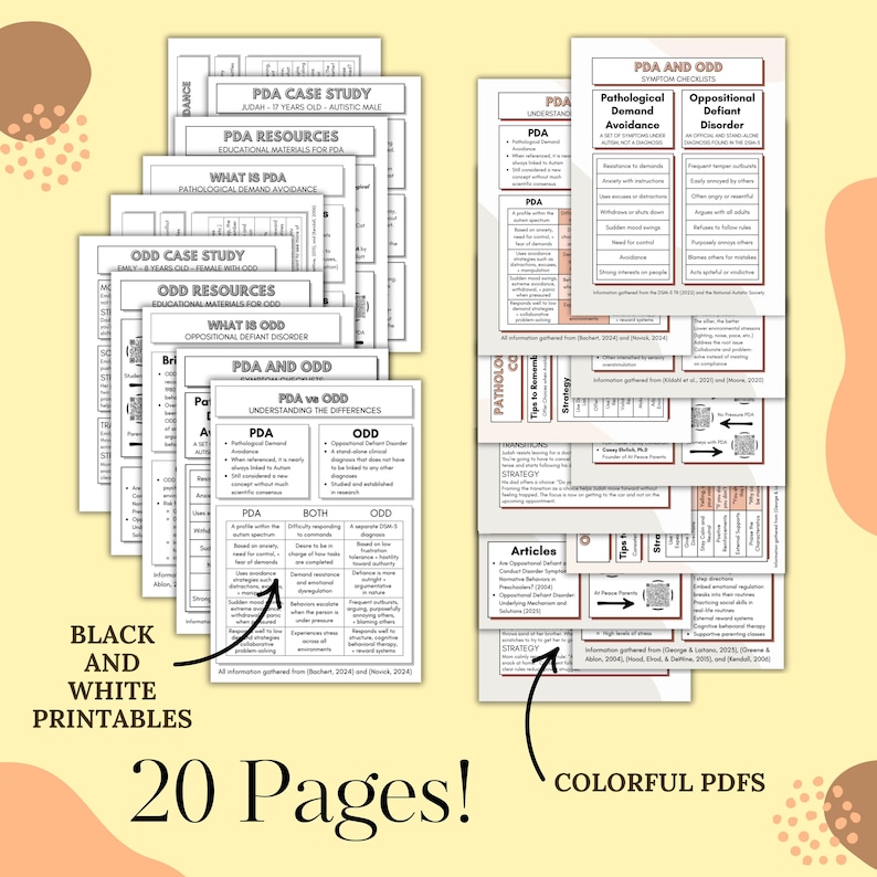 20 pages of PDA and ODD Resource Bundle Pathological Demand Avoidance Oppositional Defiant Disorder behavior management strategies symptom checklist comparison chart case study communication tips parent training teacher resources therapist worksheets special education materials classroom supports neurodivergent child anxiety autism ADHD parenting tools materials evidence based interventions coping skills regulation supports staff training educational psychology materials instant digital download