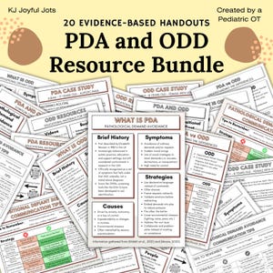 Może przedstawiać: Zestaw 20 opartych na dowodach materiałów informacyjnych na temat PDA i ODD, stworzonych przez pediatrę OT. Zestaw zasobów zawiera studia przypadków, materiały edukacyjne oraz wskazówki dotyczące komunikacji i strategii.