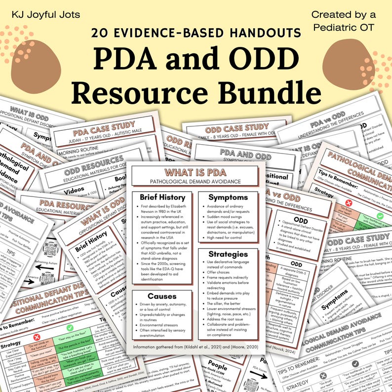 Large collection of printable occupational therapy handouts titled PDA and ODD Resource Bundle PDA and ODD Resource Bundle printable PDF download for occupational therapy special education speech therapy psychology counseling and parent training Pathological Demand Avoidance handouts and Oppositional Defiant Disorder handouts designed for evidence-based practice Educational materials created by a pediatric occupational therapist Includes printable reference charts caregiver guide classroom help