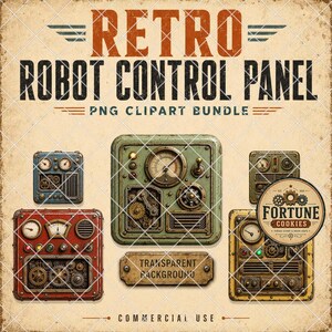 May include: A digital collection of retro robot control panel illustrations featuring various square metallic modules in red, green, blue, and yellow. Each panel displays intricate gears, analogue gauges, switches, and vents. Text reads RETRO ROBOT CONTROL PANEL PNG CLIPART BUNDLE.