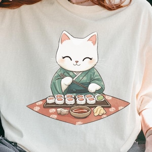 Kawaii Sushi Katze T-Shirt | Japanisches Feinschmecker-T-Shirt | Niedliches Anime Katzen T-shirt | Ästhetisches grafisches T-Shirt | Geschenk für Sushi-Liebhaber