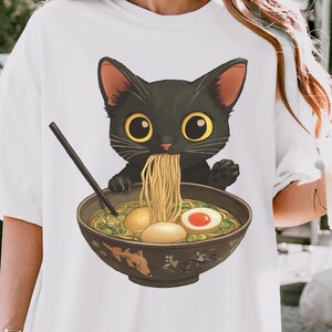Katzen-Liebhaber-T-Shirt | Kawaii schwarze Katze Ramen | Japanisches ästhetisches Nudeln T-Shirt | Ramen Liebhaber Geschenk