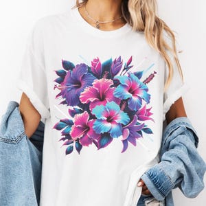 Floral T-Shirt - Neon Hibiscus Graphic Tee, Vibrant Tropical Flowers, Summer Style, Casual Wear, Gift for Her