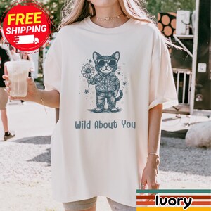 Funny Cat Shirt | Wild About You Cat Tee | Vintage Cat Lover Gift | Cute Cat Holding Flower T-Shirt | Cat Mom Shirt