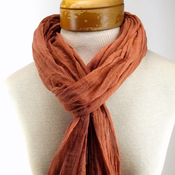 Caramel Brown Cotton Gauze Scarf, Long Cotton Scarf, Hand Dyed Scarf, Lightweight Scarf 205