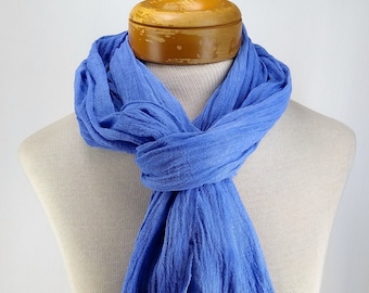 Cornflower Blue Cotton Gauze Scarf, Hand Dyed Crinkle Gauze  061