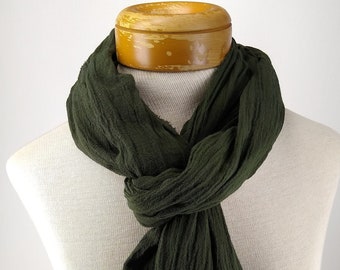 Dark Kombu Green Cotton Gauze Scarf, Hand Dyed, Cotton Crinkle Gauze Scarf 060