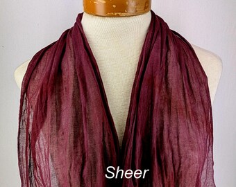 Dark Burgundy 100% Cotton Shorter Gauze Scarf, Red Hand Dyed in Sheer and Crinkle Gauze 20