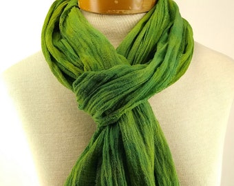 Yellow Green Cotton Gauze Scarf, Hand Dyed, Cotton Crinkle Gauze Scarf 055