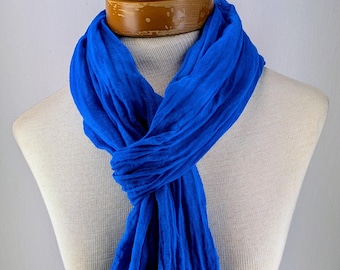 Deep Azure Blue Cotton Gauze Scarf,Hand Dyed Lightweight Sheer Gauze Scarf 285