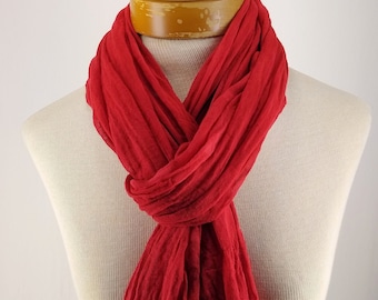 Crimson Red Cotton Gauze Scarf, Sheer Red Hand Dyed Scarf 216
