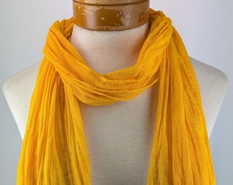 Saffron Yellow 100% Cotton Shorter Gauze Scarf, Hand Dyed Scarf in Sheer and Crinkle Gauze 06