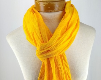 Saffron Cotton Gauze Scarf, Golden Yellow Hand Dyed Cotton Crinkle Gauze Scarf  068