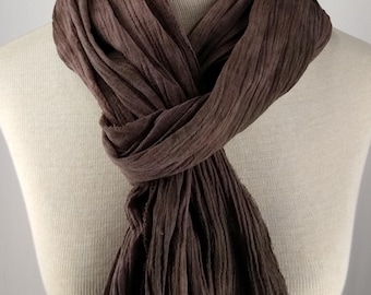 Chocolate Brown Hand Dyed Scarf, Long Cotton Crinkle Gauze Scarf 093